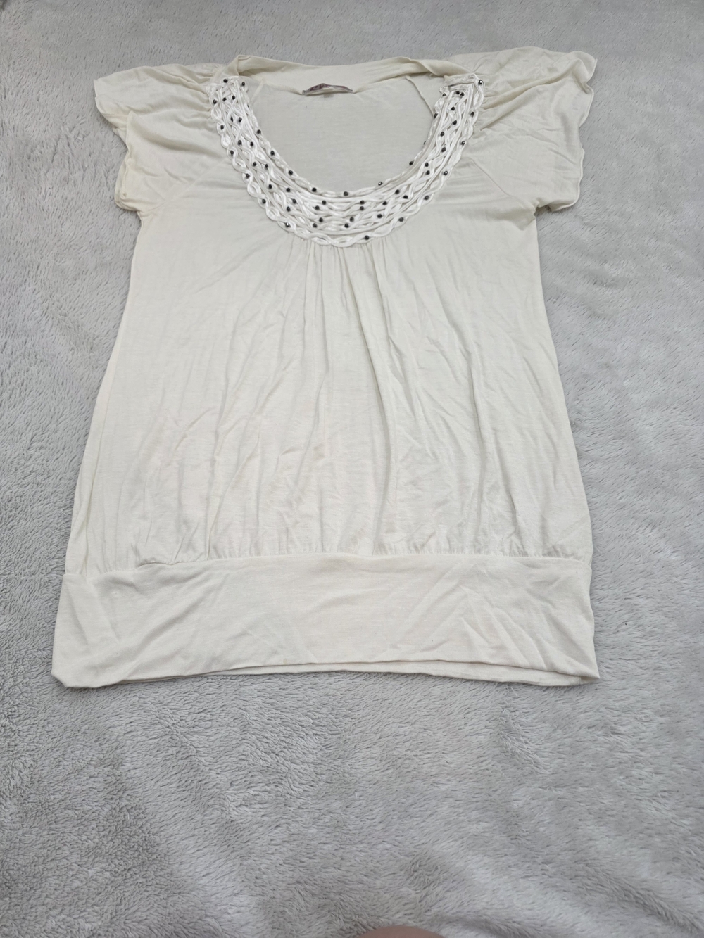 julie's closet Cream Short Sleeve Top with Crochet Neckline
